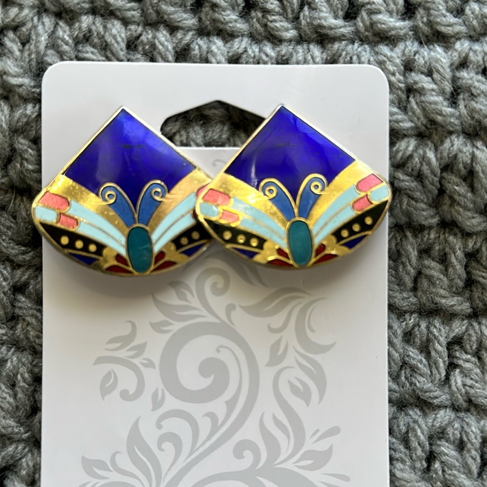 Cloisonne Clip Earrings Abstract Butterfly Royal Blue Gold tone Excellent cond